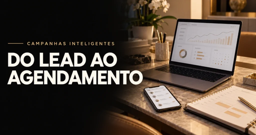Mesa com notebook exibindo gráficos de resultados, celular com lista de contatos e agenda aberta