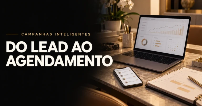 Mesa com notebook exibindo gráficos de resultados, celular com lista de contatos e agenda aberta