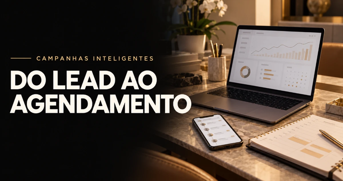 Mesa com notebook exibindo gráficos de resultados, celular com lista de contatos e agenda aberta